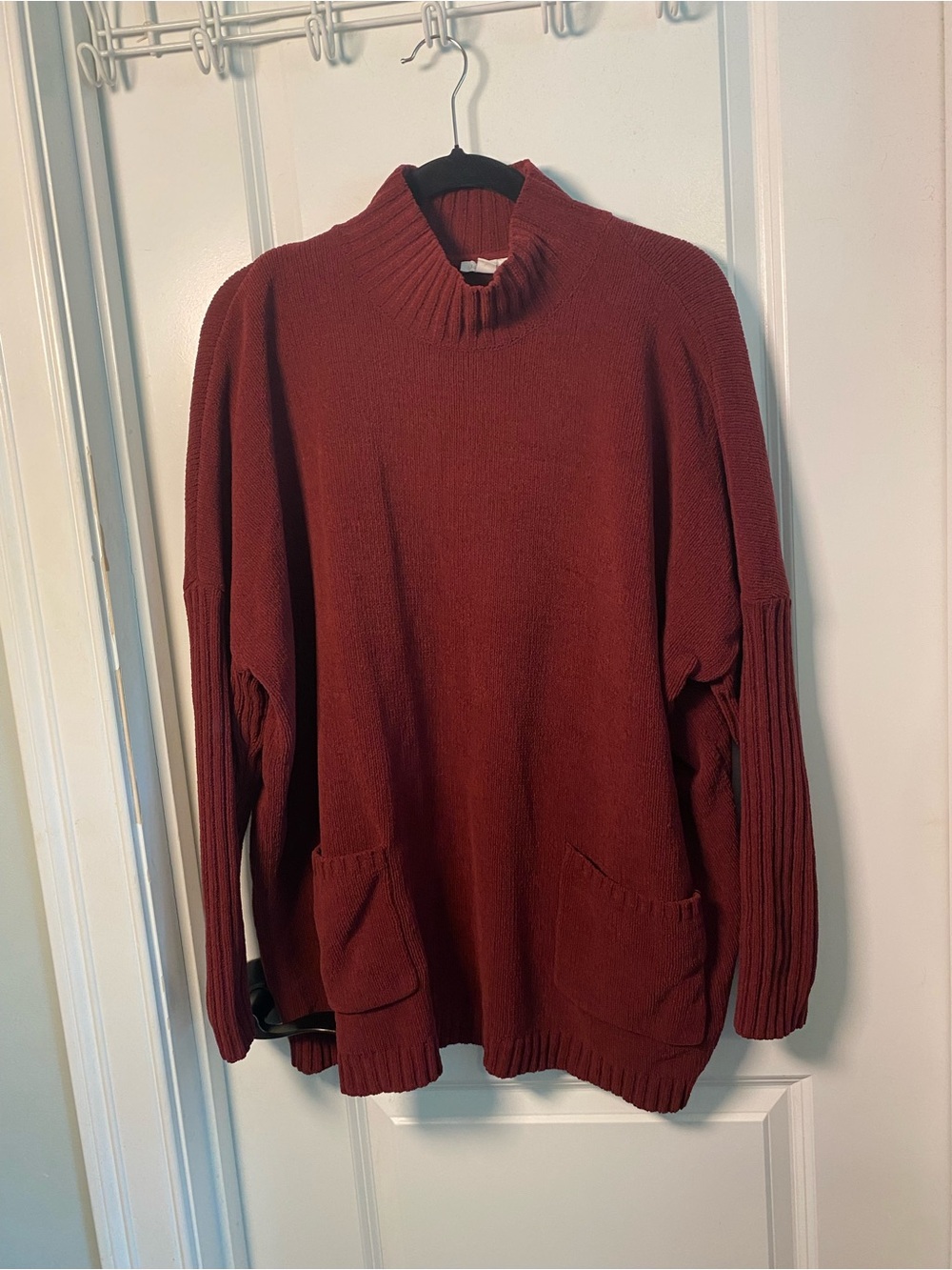 J Jill Chenille Cozy Brick Red Mock Neck Knit Sweater with Pockets